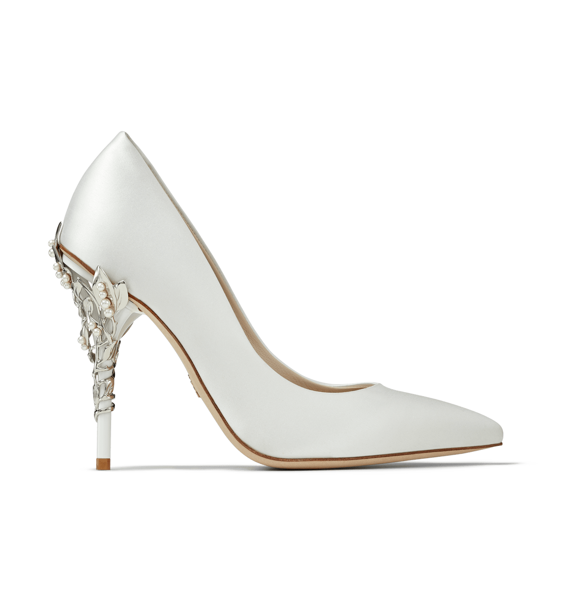 White Satin Eden Heels with Pearl and Silver Leaves